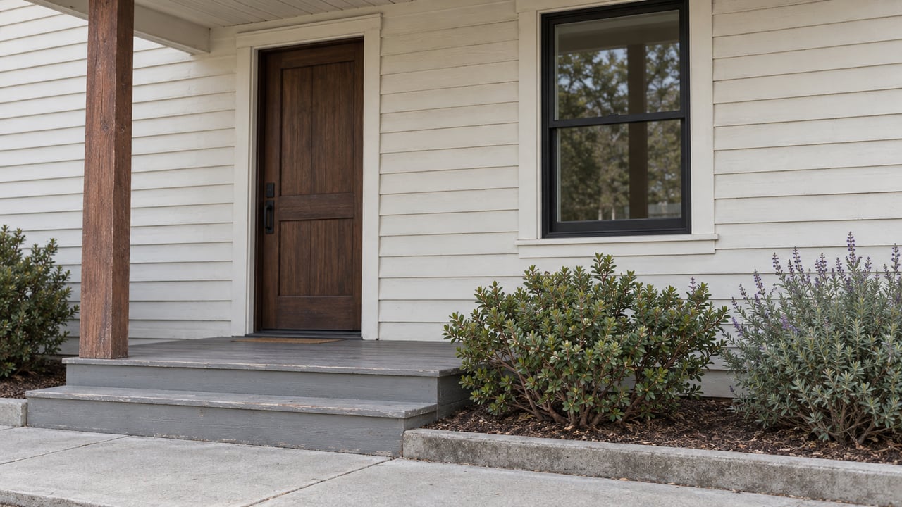 Village cottage entrance with an off-white siding facade, dark wood door, double-hung window, and two gray steps.