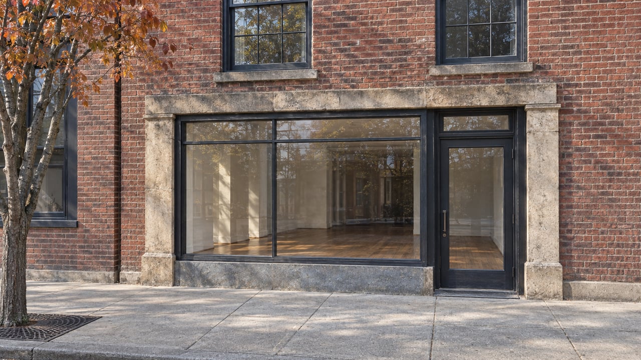 Narrow red-brick rowhouse with two upper sash windows and a glazed storefront beside a tree.