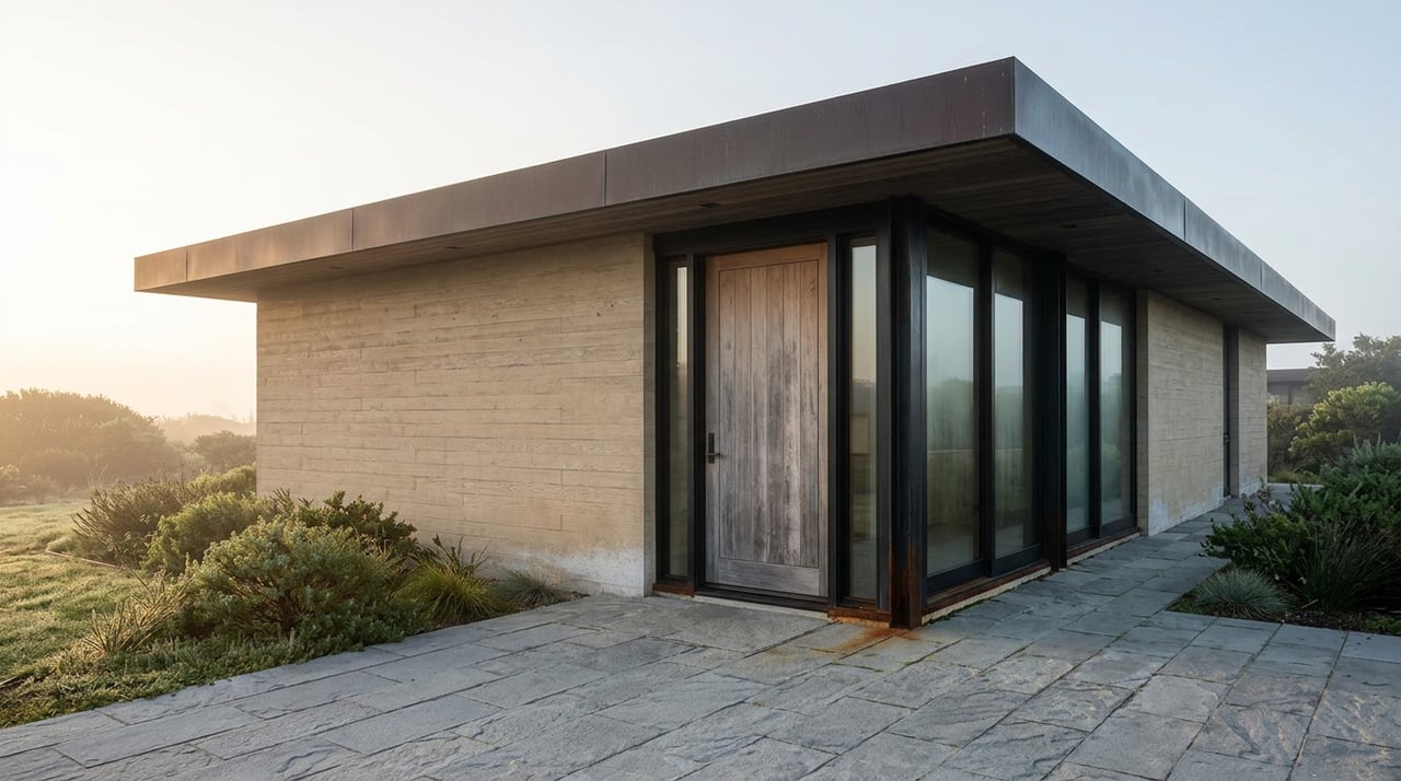 Contemporary concrete-and-glass home with a teak door, limestone paving, and an olive tree.