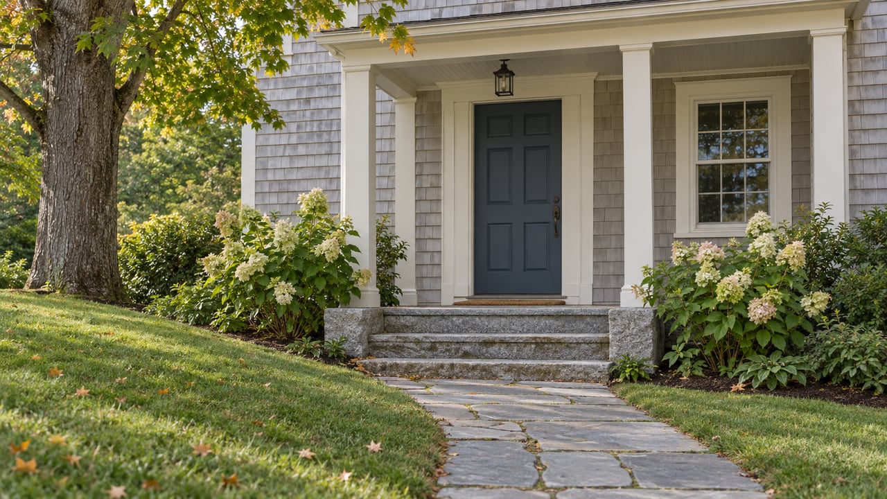 Slate-blue paneled door above granite steps, with a stone walk, flowering hydrangeas, and a mature maple.
