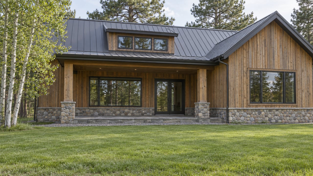 Cedar-clad acreage home with a stone porch, standing-seam roof, and damp spring lawn.