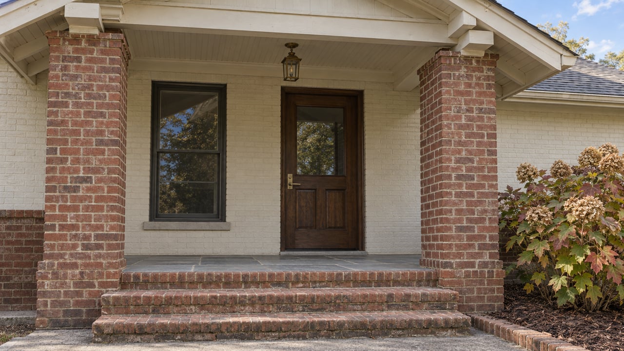 A covered brick entry with an oak door, bronze-framed window, broad brick steps and an oakleaf hydrangea in autumn.