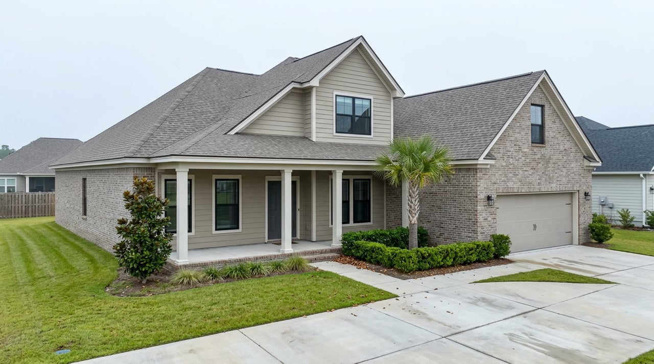 Two-story brick-and-siding home with a covered porch, attached garage, magnolia tree, and clipped front hedge.