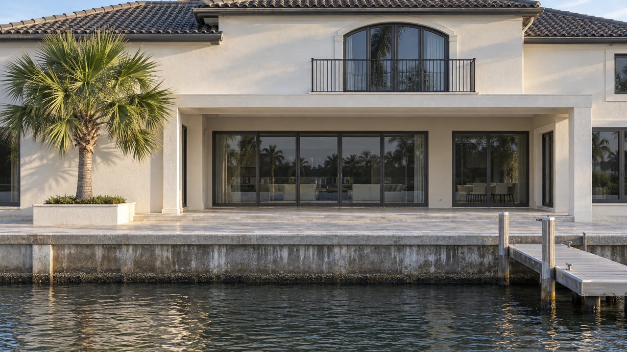 Waterfront stucco house with tiled roof and glass lanai above a seawall, palm and dock.