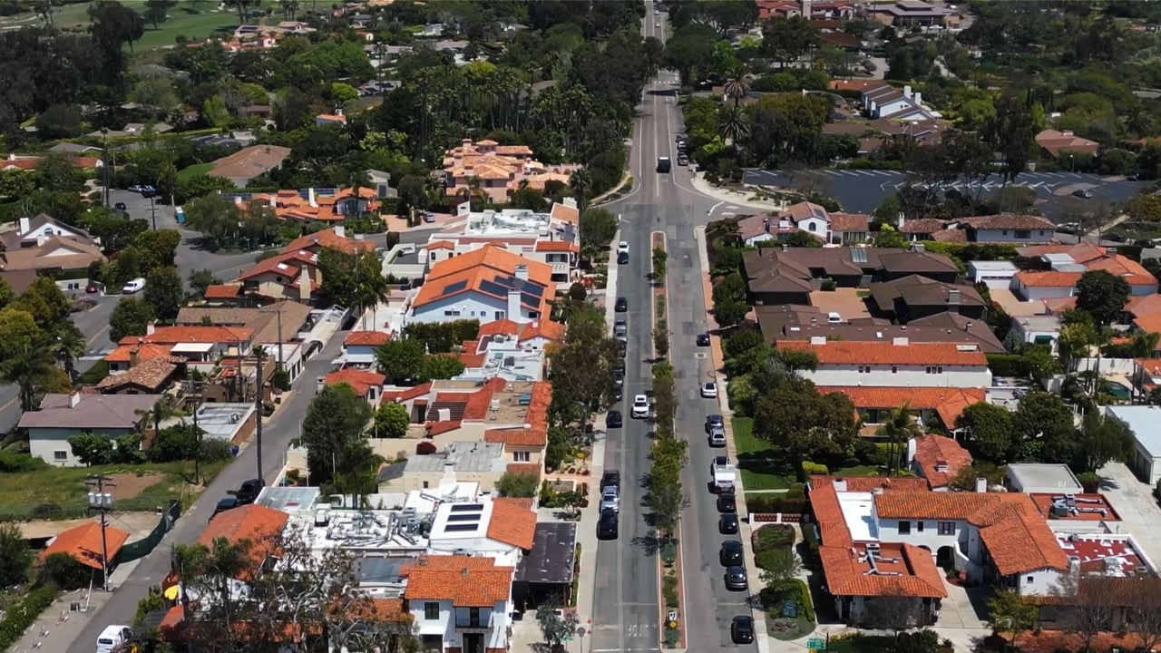 Aerial view of red-roofed neighborhood