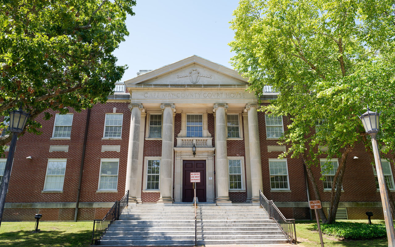 Cape May County Court House with a columned entrance and broad front steps.