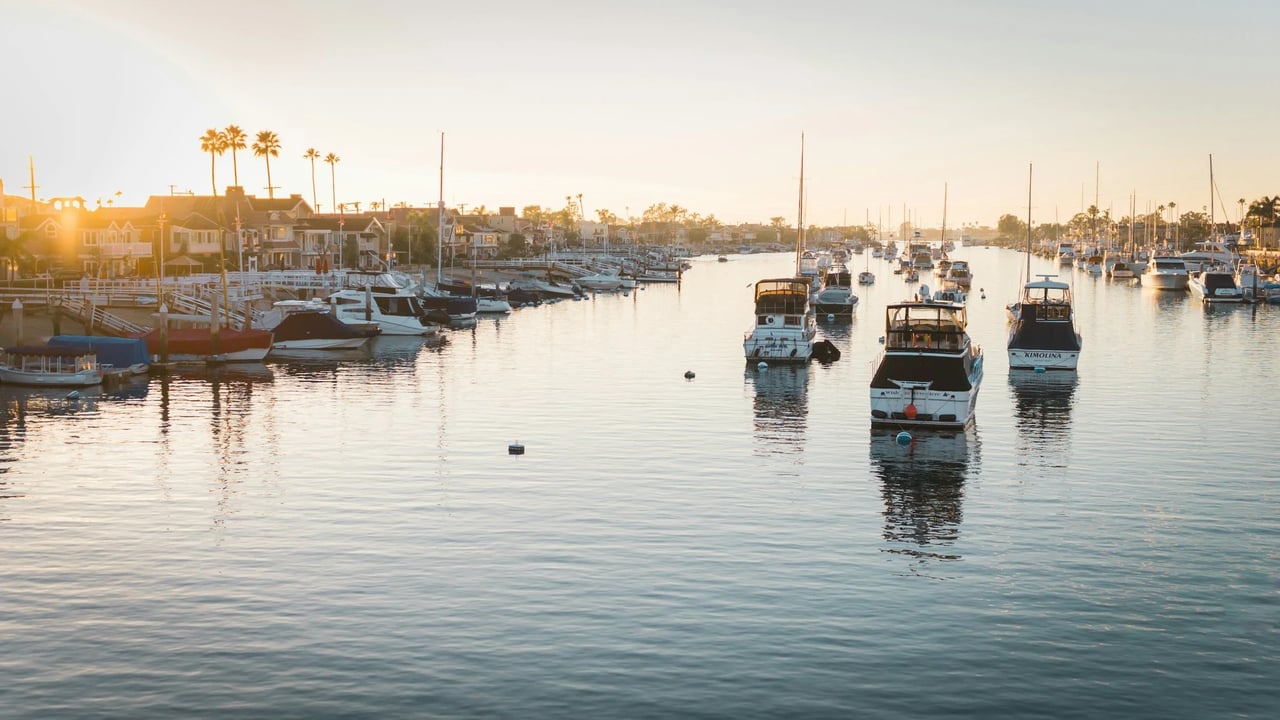 Aerial view of luxury homes and harbor waterfront in Newport Beach California