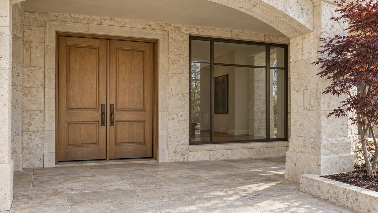 Cream limestone entrance with paired oak doors, bronze-framed glazing and a burgundy-leaved Japanese maple beside a broad stone terrace.