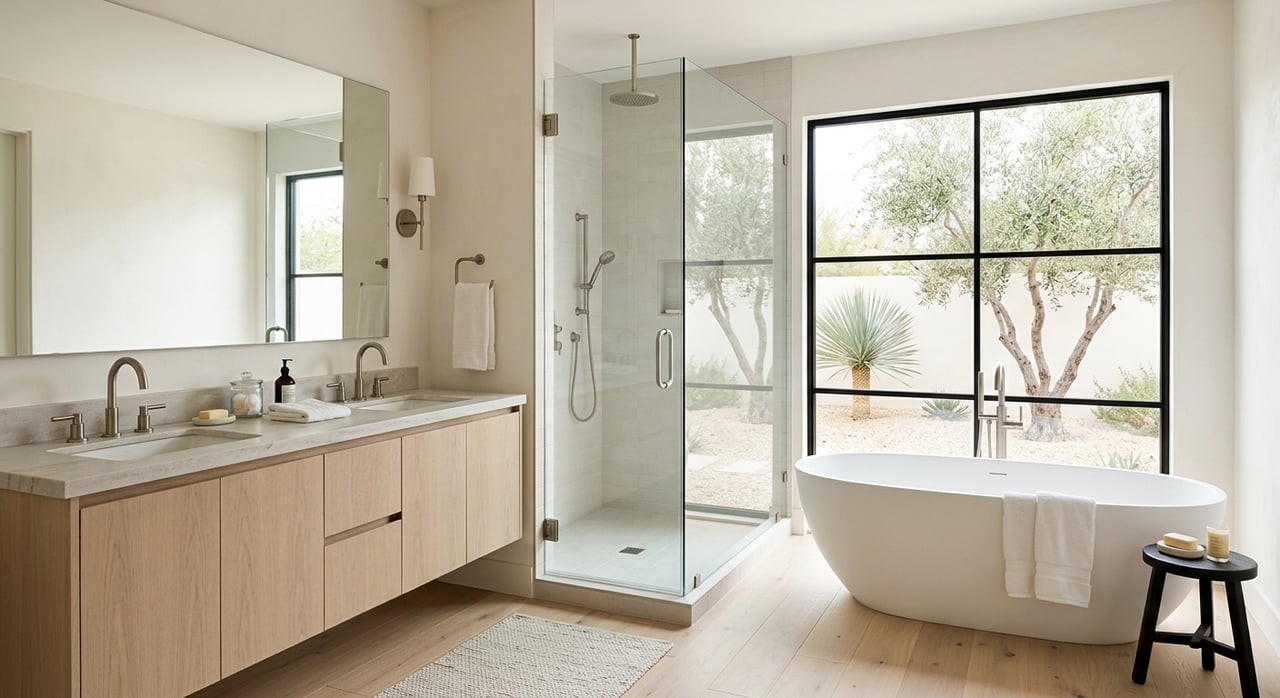 White oak floating vanity beside a freestanding tub, with a glass shower and desert plants visible through the window.