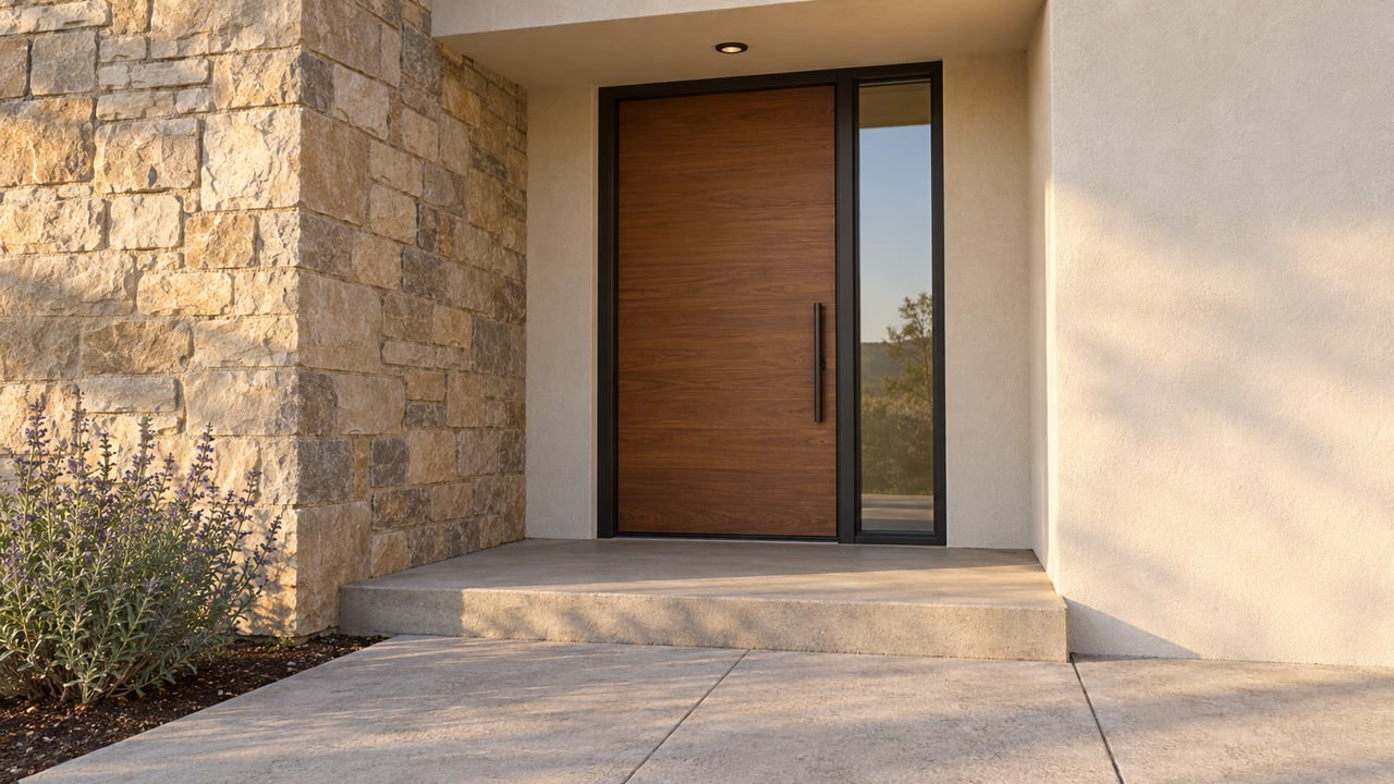 Recessed warm-wood front door with a narrow sidelight, stone pier, and concrete approach slabs.