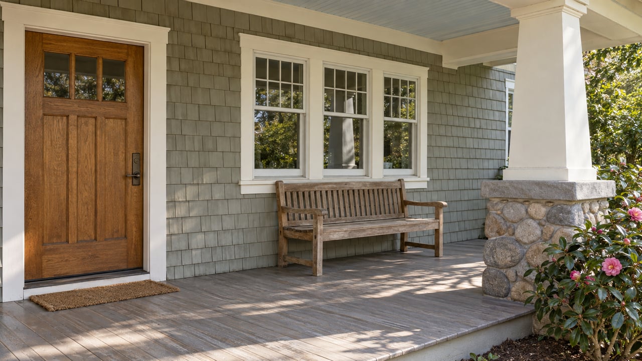 Covered porch with sage-gray shingles, an oak front door, divided-light windows and a tapered column on a stone pedestal.