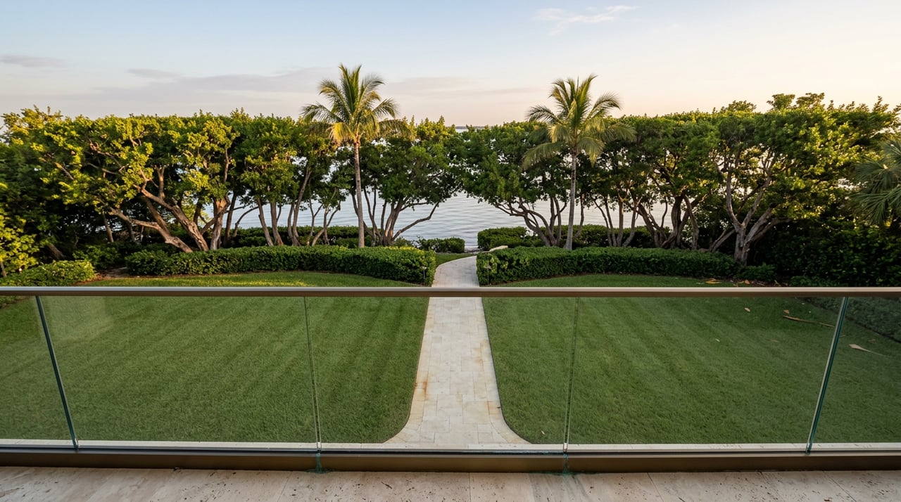 Bayfront lawn and curving stone path beneath palms and buttonwood trees, overlooking calm water.