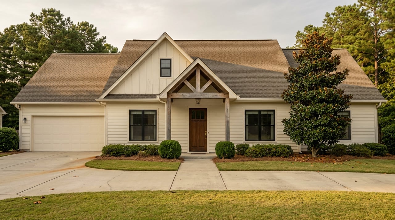Cream farmhouse with a timber entry portico, curved driveway, magnolia tree, and clipped boxwood shrubs.