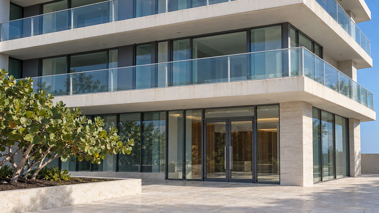 Close view of a condominium's white balcony bands, blue-green glazing, and limestone entry beside a sea-grape specimen.