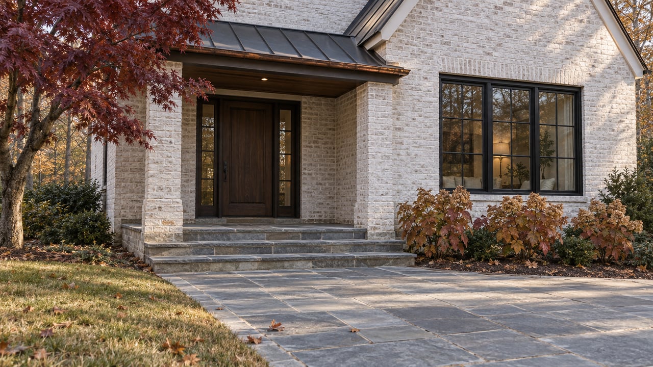 White brick home entry with dark oak door, bluestone steps, black-framed window and autumn planting.