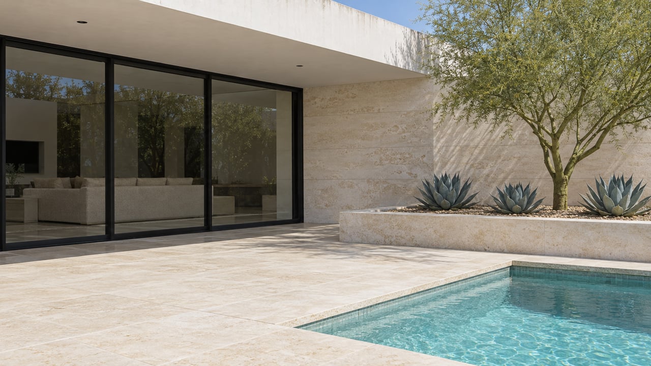 White stucco home with shaded black-framed glazing, limestone pool terrace, and a sculptural green-trunk tree in a raised planter.