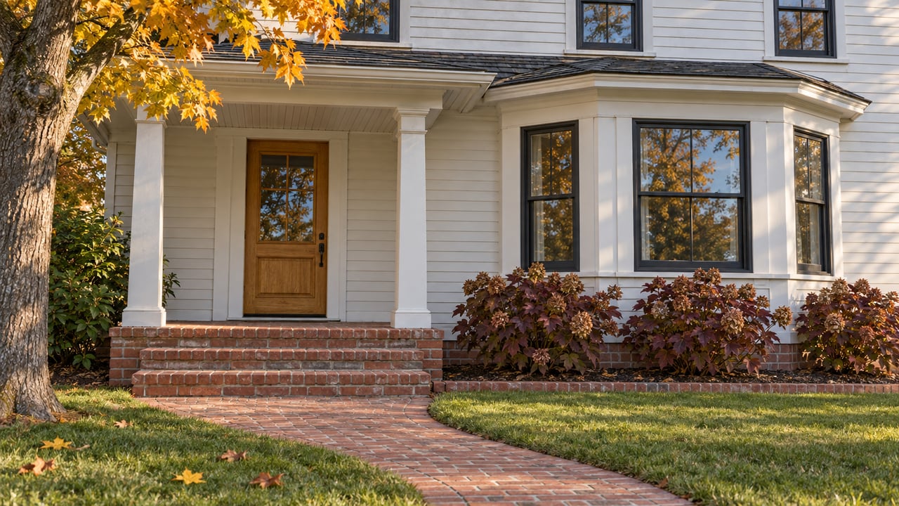 White clapboard home with dark sash windows, an oak porch door, weathered brick steps, and autumn maple leaves beside a green lawn.