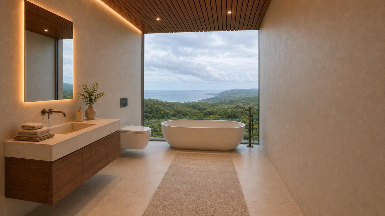Modern bathroom with a freestanding tub and ocean view beyond a forested coastline.