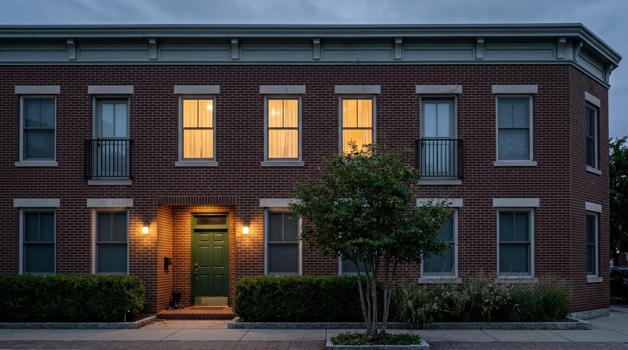Three-story brick building with two warmly lit windows, green entry door, and a serviceberry tree at dusk.