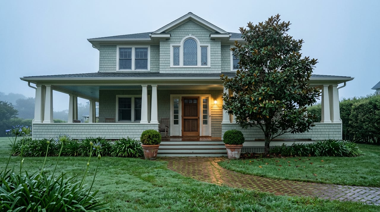 Sage-green shingle house with a wraparound porch, curved brick path, and magnolia beneath a blue-gray dawn sky.