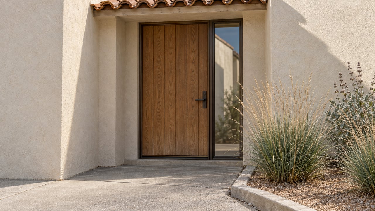 Oak entry door and bronze-framed sidelight recessed into ivory stucco, beside a concrete walk and a planting bed of deergrass and Cleveland sage.