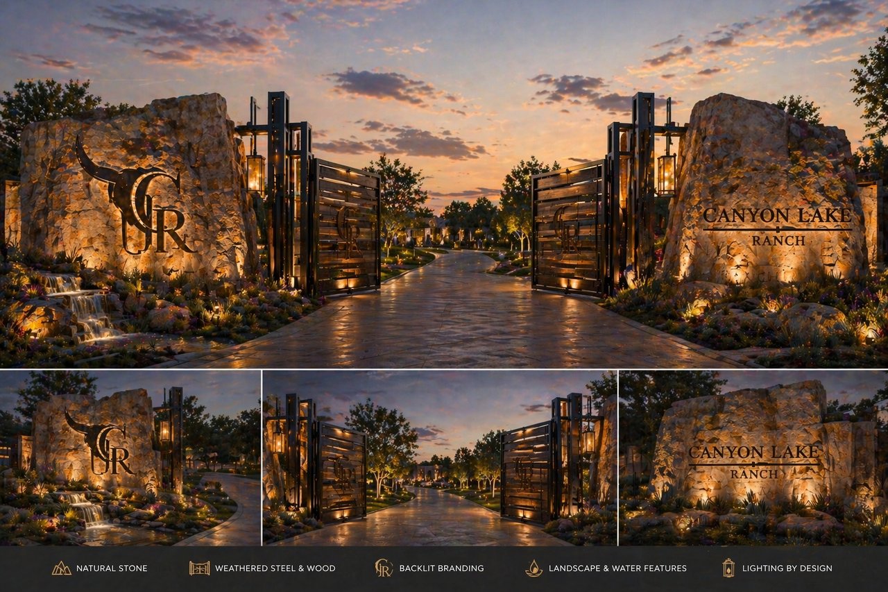 Canyon Lake Ranch entrance with illuminated stone walls, steel-and-wood gates, landscaping, and water features.