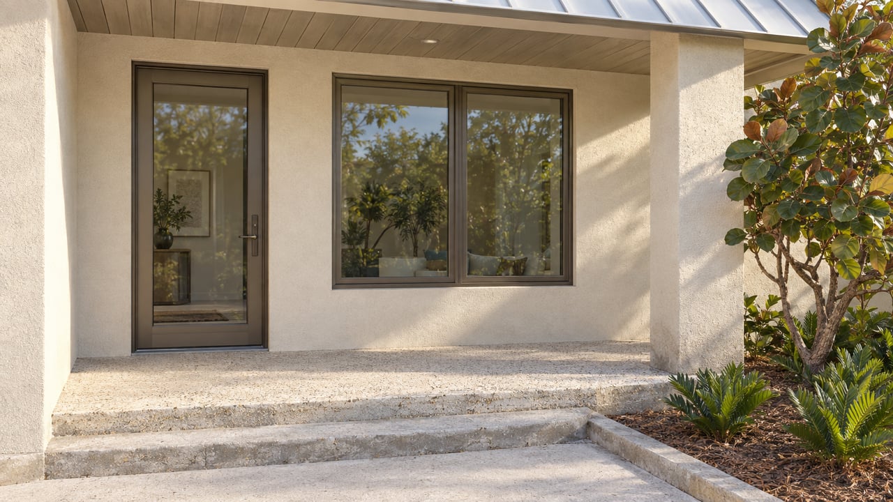 A recessed glazed entry and paired window in an ivory stucco home, above a shell-aggregate porch beside sea grape and coontie planting.