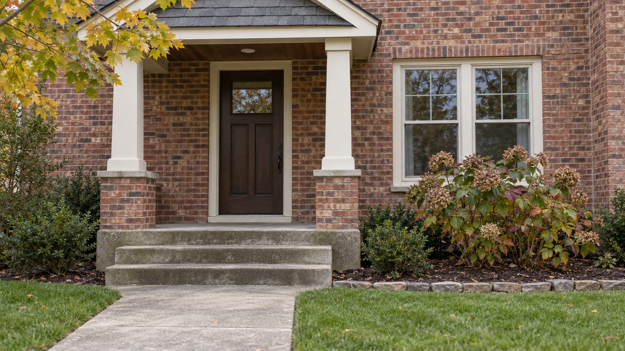Brick home entry with a small gabled porch, concrete approach, oakleaf hydrangea and yellowing sugar maple leaves.