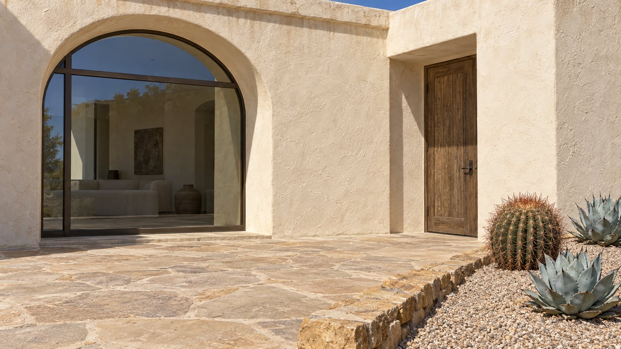 Sunlit ivory stucco patio with an arched bronze-framed window, weathered oak door, flagstone terrace and cactus planting behind a stone curb.