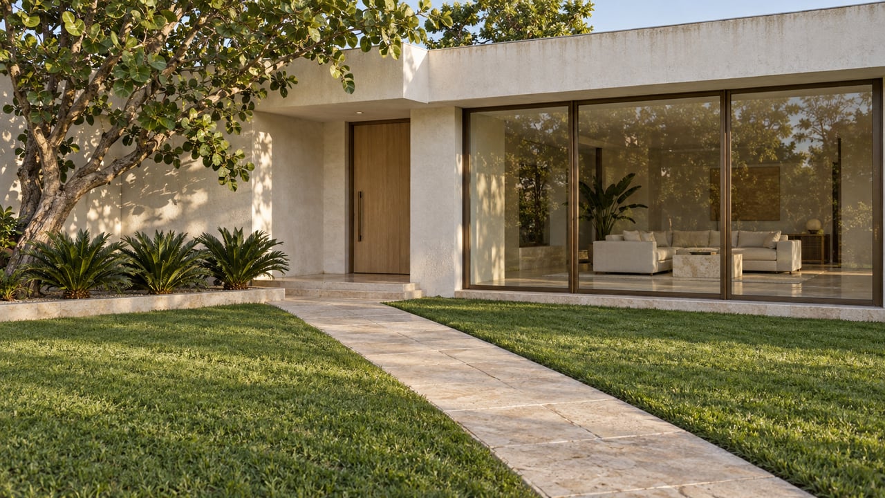 A low warm-white home with bronze-framed windows, a limestone entry walk, deep green lawn and a sculptural sea grape tree.