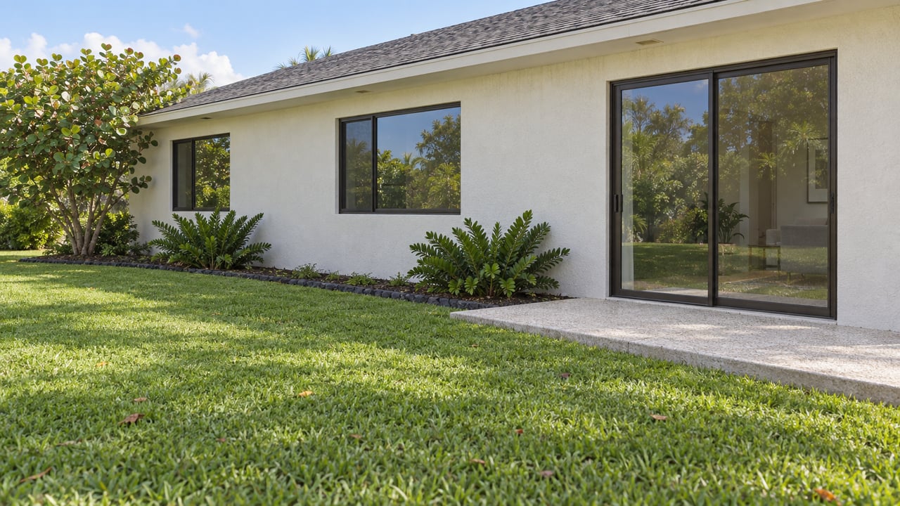 A low, pale stucco home with two dark-framed windows and a sliding glass door beyond a broad green lawn.