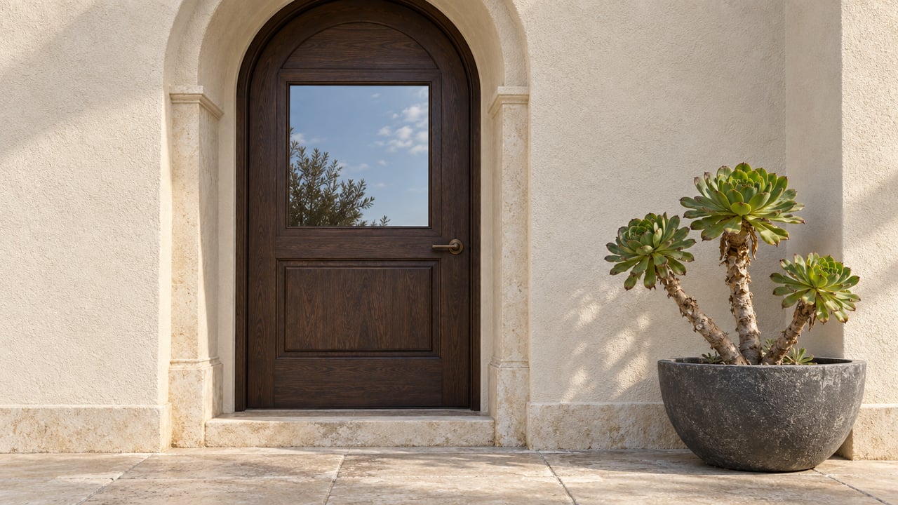 Close architectural photograph of an ivory stucco arched entrance with a closed oak-and-glass door, pale limestone landing and a branching succulent in a charcoal planter.
