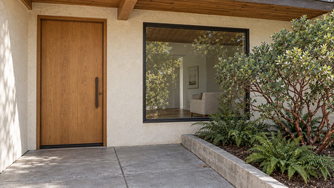 Shaded home entry with an oak door, cream stucco, timber soffit and a raised manzanita planting beside concrete paving.