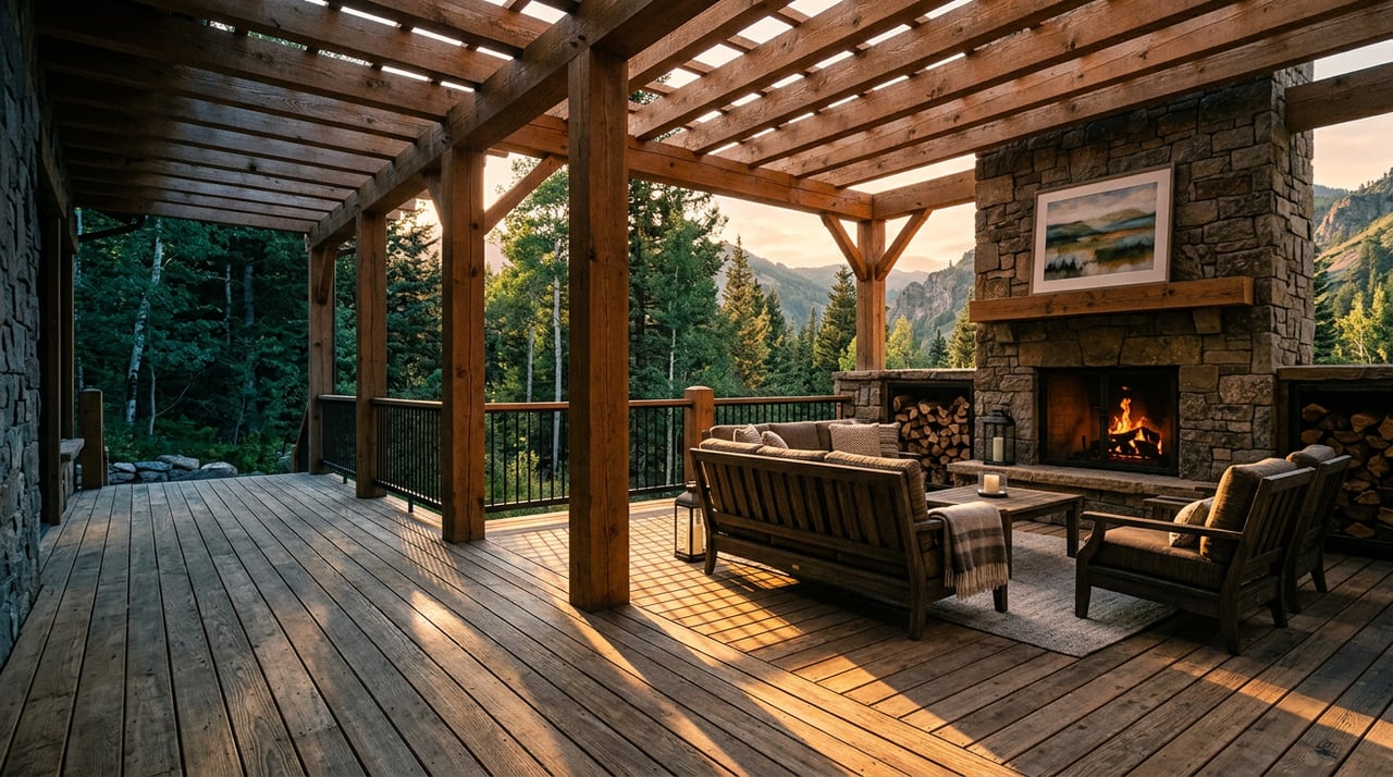 Cedar deck beneath a timber pergola, facing a stacked-stone fireplace wall with long shadows across the boards.