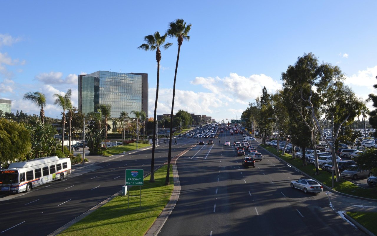 Bristol Street and South Coast Plaza in Costa Mesa, viewed from Unity Bridge