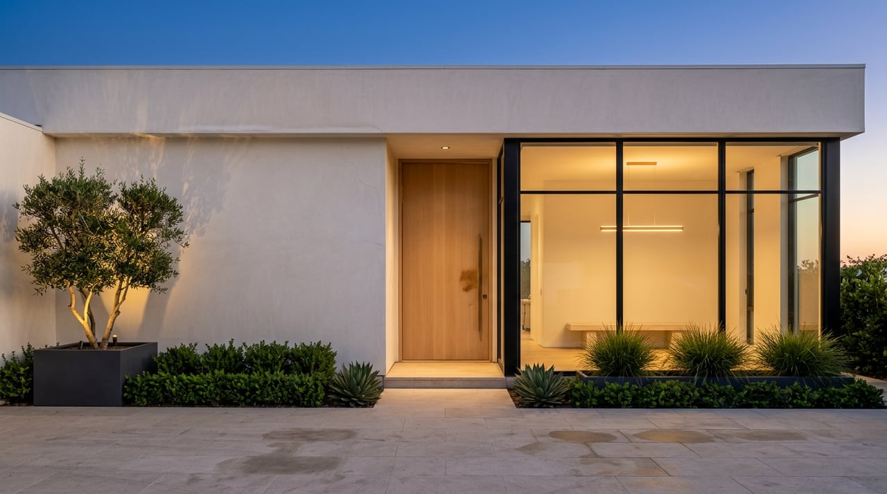 Coastal home facade at dusk, with a glowing window wall, oak entry door, and olive tree in a planter.