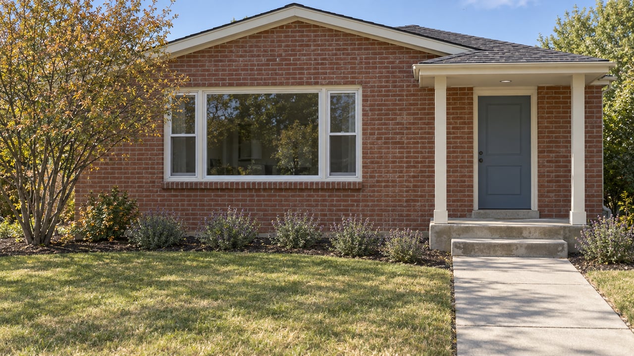 A modest red-brick home with a blue front door, a concrete approach, and an autumn serviceberry beside the front window.
