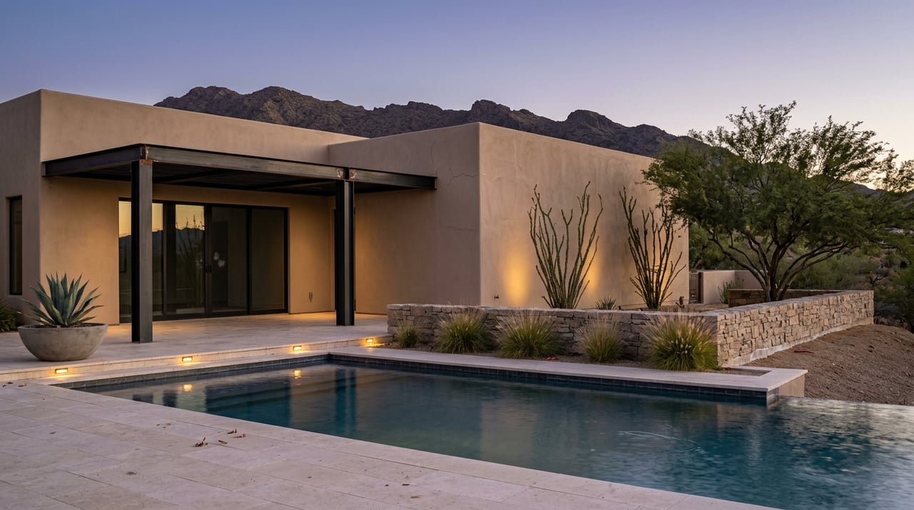 Desert estate rear facade and pool, with warm-lit coping, stucco uplights, and an amber-to-violet horizon.