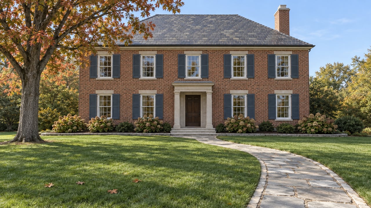 Large symmetrical brick home with slate roof, limestone entry and a long stone walk across an autumn lawn.