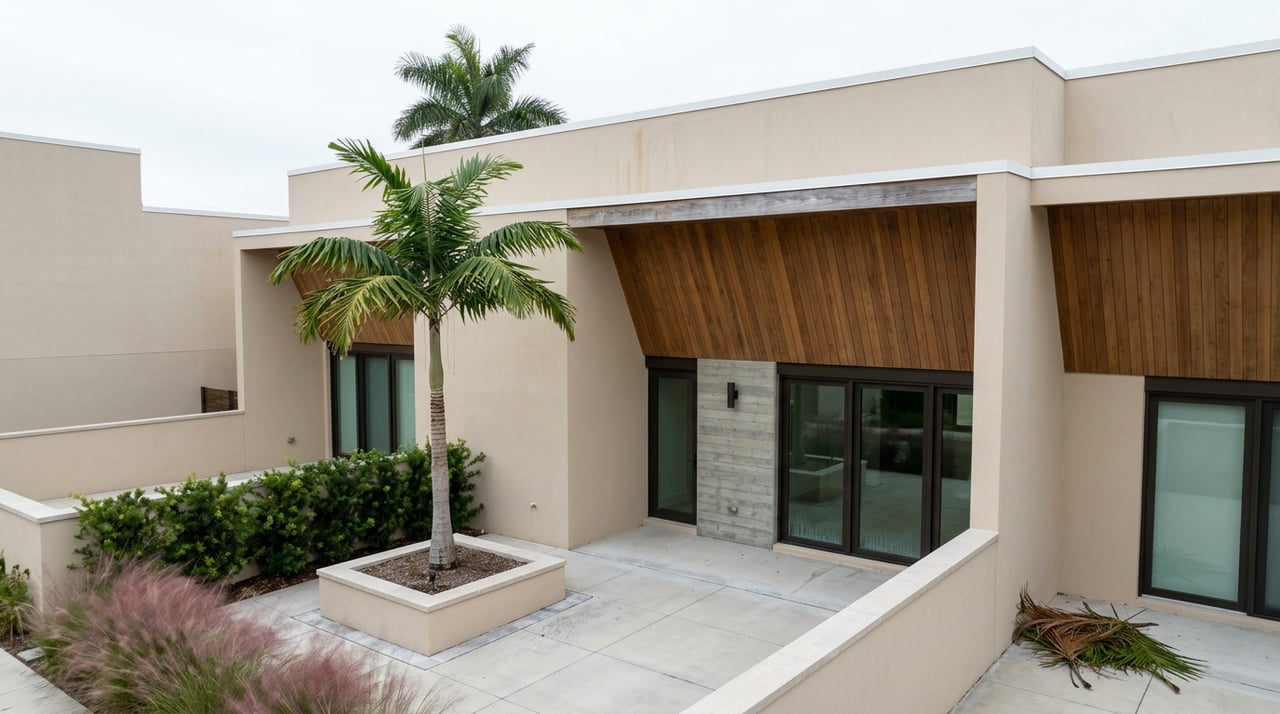 Stucco townhomes frame a paved entry court with a recessed loggia, palm, and low hedge.