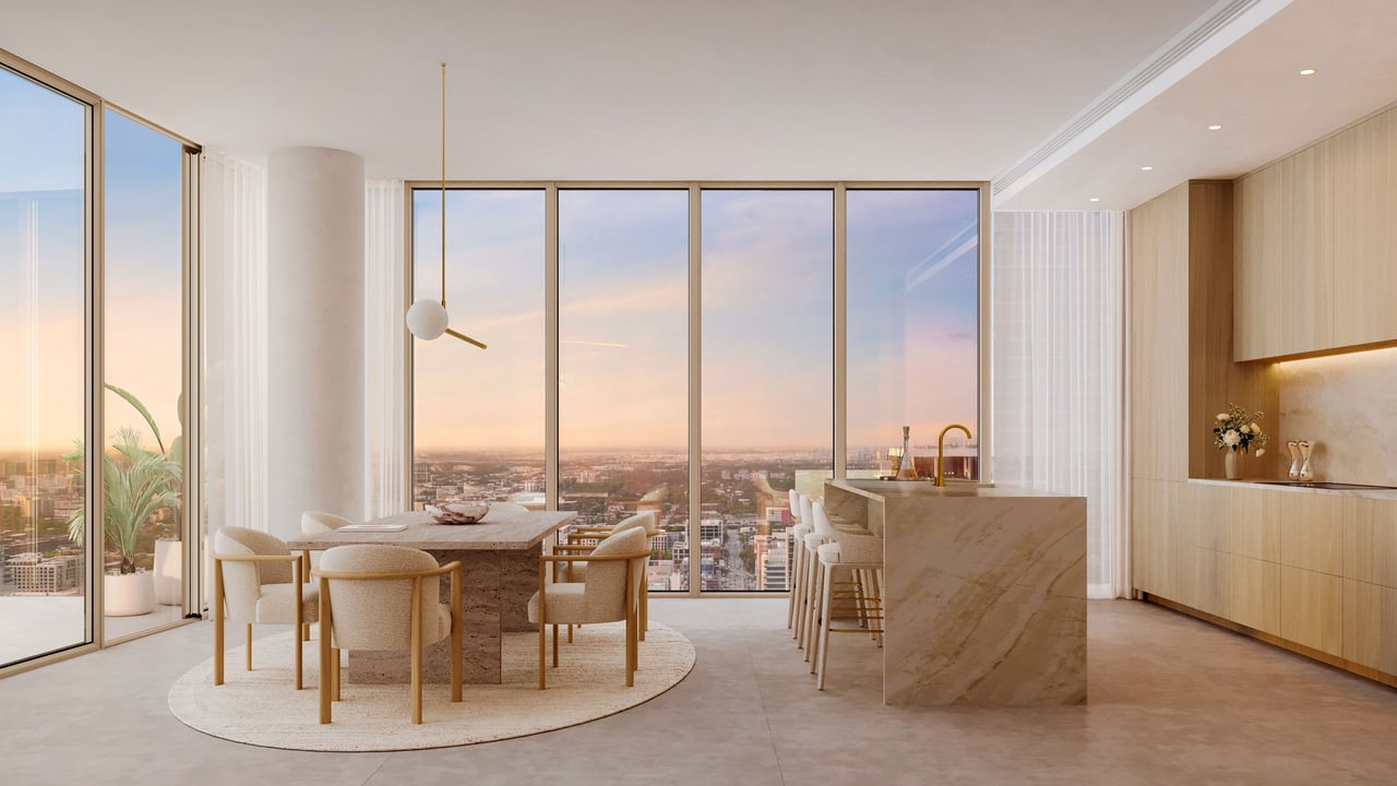 The Cove Residences residence kitchen and living area rendering in Miami’s Edgewater neighborhood.