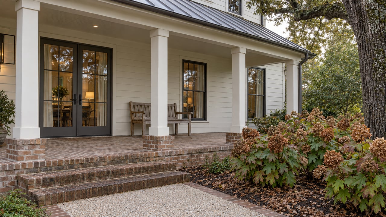 Covered porch with ivory wood siding, brick steps, a weathered teak bench and oakleaf hydrangeas beneath a mature live oak.