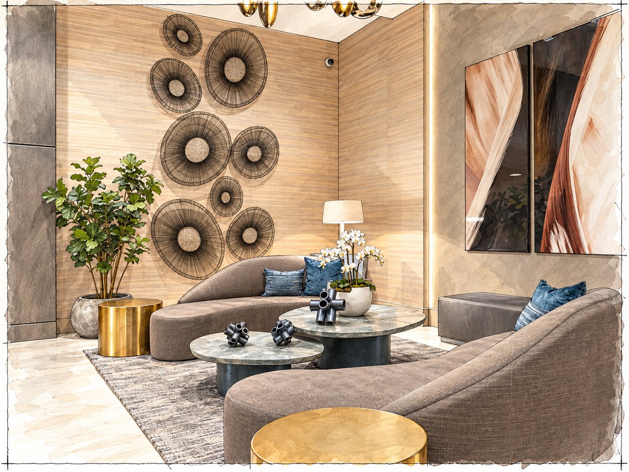 Furnished lounge with curved sofas, marble coffee tables, and sculptural wall art.