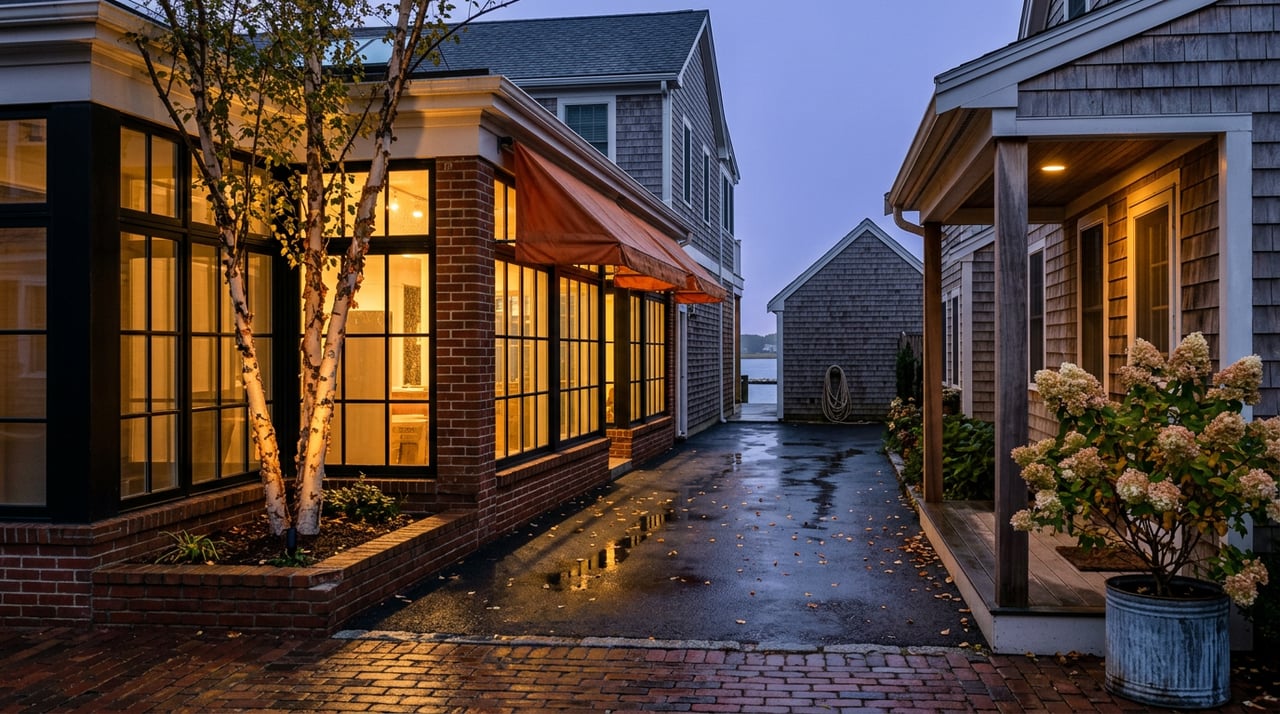 Wet lane between brick storefront and shingled cottage, warm reflections leading to boathouse gable.