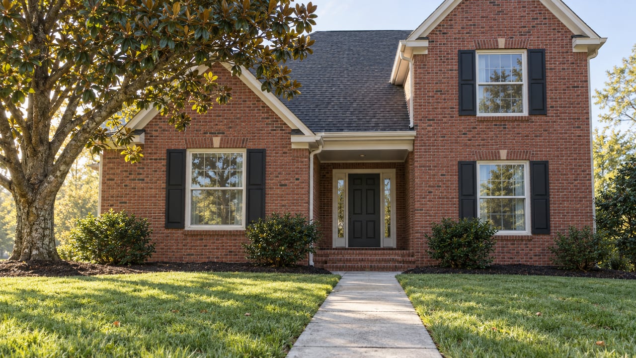 Red-brick two-story house with black shutters, a magnolia tree, and a concrete walk across the lawn.