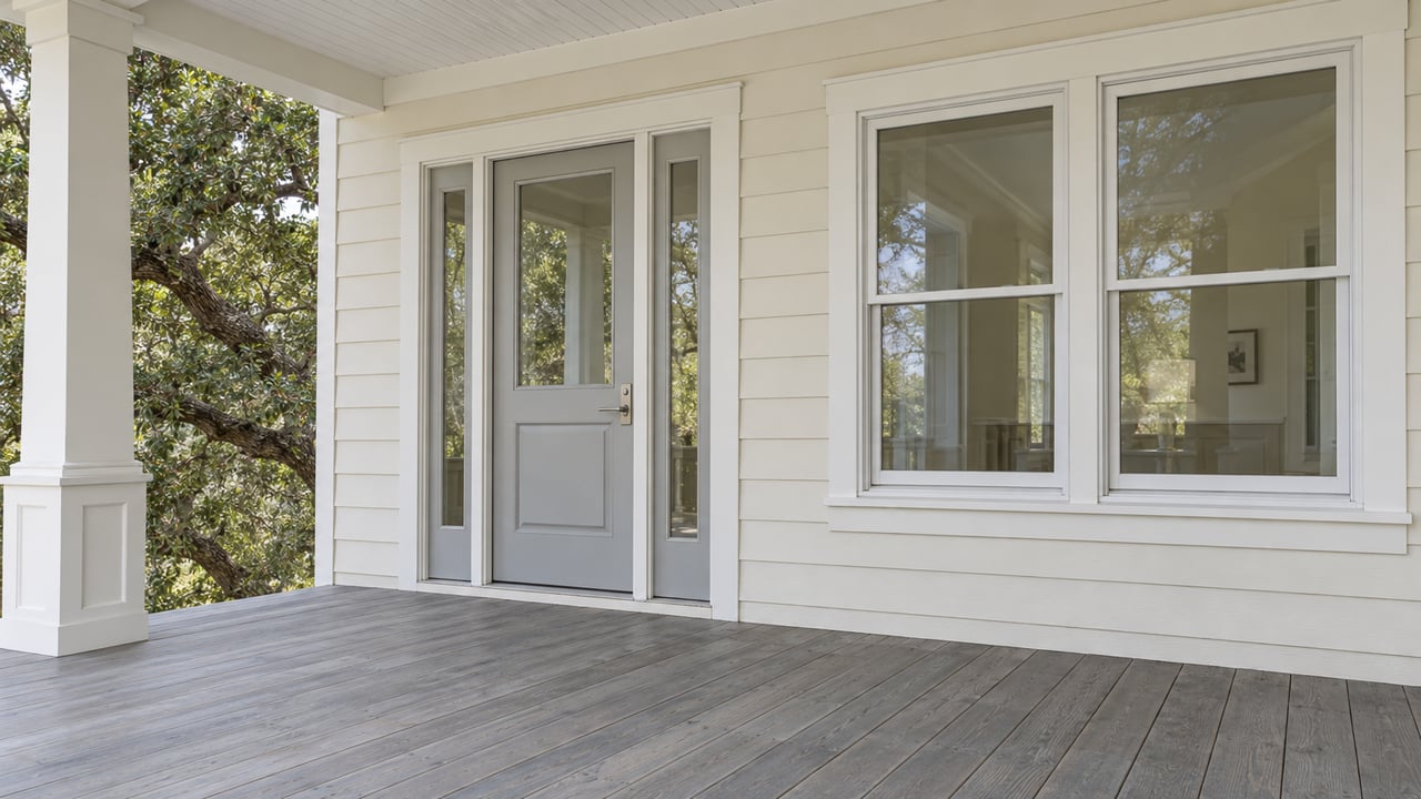 Cream lap-sided home with a closed glazed entry, paired window and salt-gray wood porch beneath a painted ceiling.