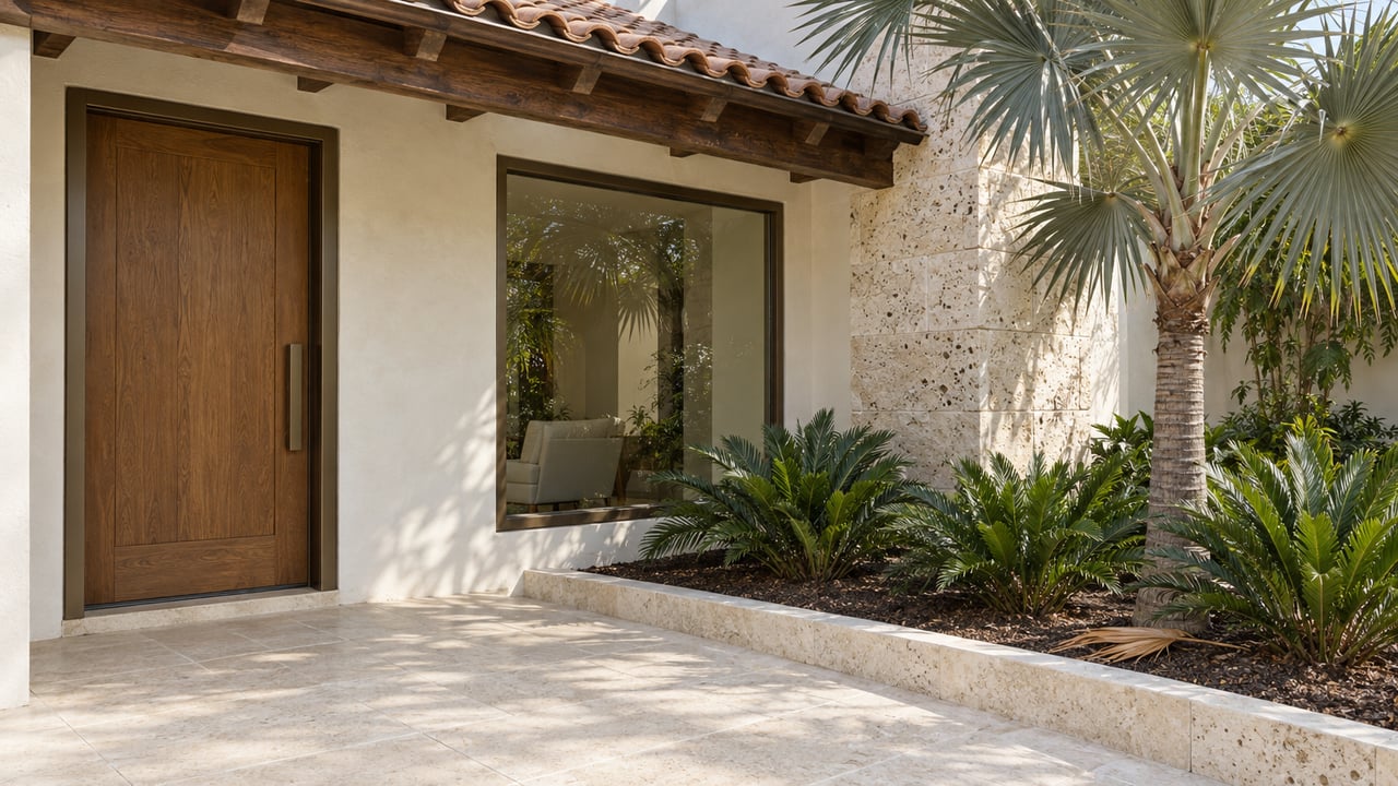Sunlit white-stucco home entrance with an oak door, bronze-framed window, porous limestone pier, and silver palm beside a pale stone terrace.