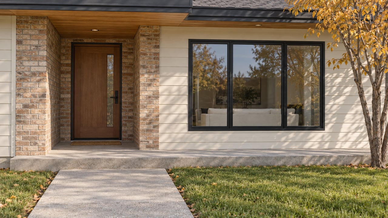 Autumn daylight on a cream-sided home with a buff-brick entry, wood door, black-framed window and gold-leaved serviceberry.
