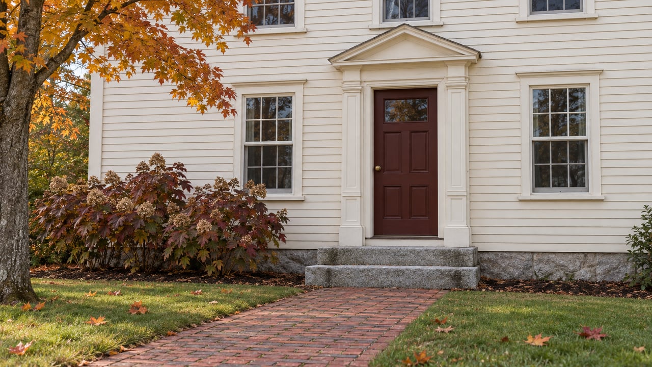 Ivory clapboard home with a dark red entry door, weathered granite steps, brick walk and amber maple foliage.