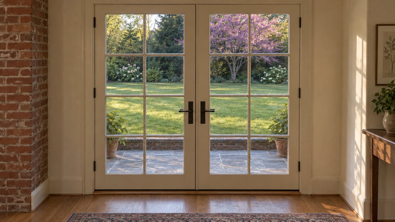 Closed glazed French doors open visually onto a bluestone terrace, broad lawn, and mature redbud tree.